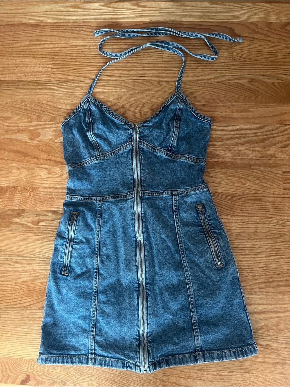 American Eagle Outfitters Blue Denim Zip-Front Halter Mini Dress